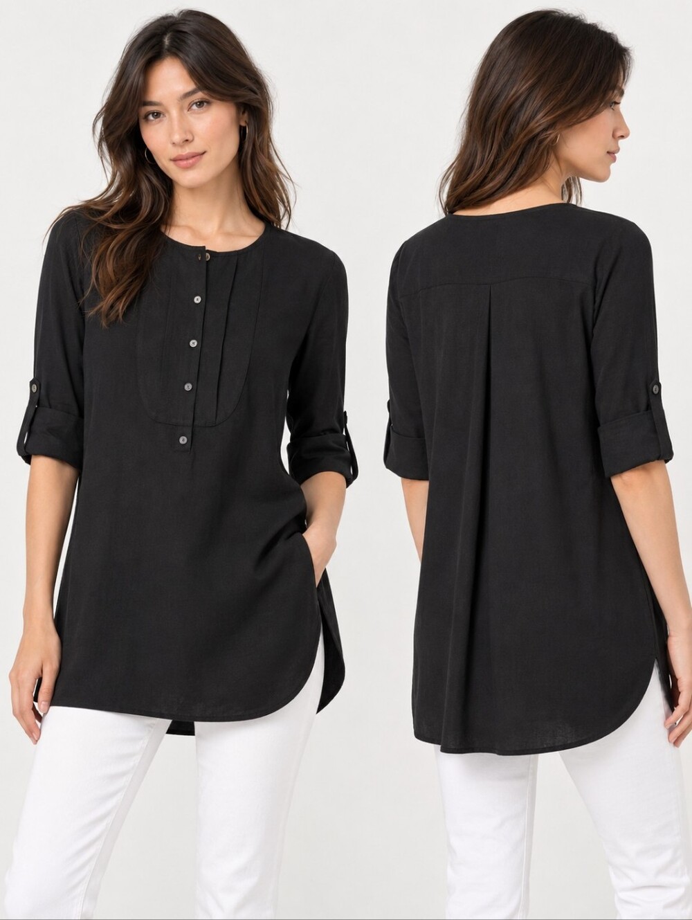 ❤️ VINCE TRAPUNTO BLACK LINEN BLEND TUNIC TOP WITH POCKETS, SMALL